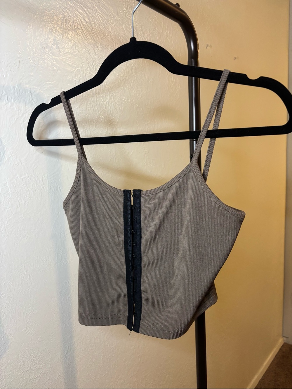 SHEIN Taupe Ribbed Hook-Front Crop Top